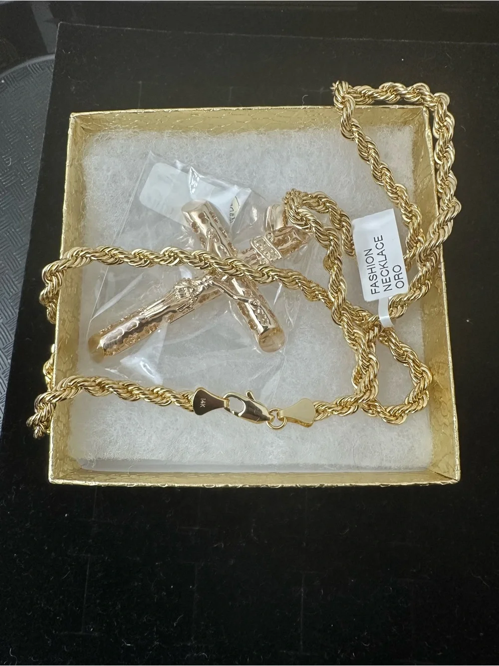 New Gold plated cross Jesus Crucifix Pendant charm with new Rope Chain